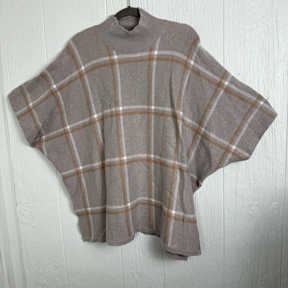 Max Studio Womens Poncho Cape Mock Neck Window Pane Plaid One Size Knit Pullover - Picture 6 of 8